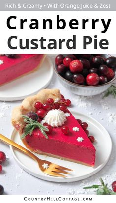 a slice of cranberry custard pie on a plate