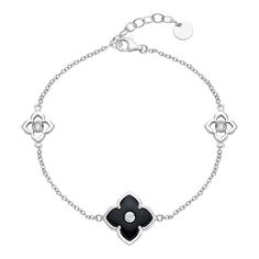 "This beautiful sterling silver black onyx and cubic zirconia flower pendant bracelet is the perfect accessory for just about any occasion. This beautiful sterling silver black onyx and cubic zirconia flower pendant bracelet is the perfect accessory for just about any occasion. Length: 7 in. with 1-in. extender Clasp: lobster-claw Metal: sterling silver Plating: rhodium Finish: polished Packaging: boxedSTONE DETAILS Stone type: cubic zirconia, onyx Total weight: 1 ct. Center stone weight: 1/5 ct Elegant Sterling Silver Flower Bracelets, Black Cubic Zirconia Jewelry With Polished Finish, Elegant Silver Bracelet With Flower Charm, Elegant Silver Bracelets With Flower Shape, Elegant Silver Bracelets In Flower Shape, Elegant Black Bracelets With Diamond Accents, Elegant Silver Flower-shaped Bracelets, Fine Black Jewelry Bracelet, Elegant Sterling Silver Bracelets With Flower Charm