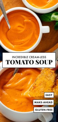 two bowls of tomato soup with a spoon in one bowl and another bowl full of soup on the other