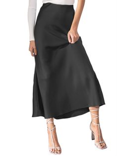 Black Full Length Lined Skirt, Black Full-length Flowy Skirt, Black Full-length Relaxed Skirt, Satin Skirts, Maxi Skirts Summer, Skirts Summer, Long Skirt Fashion, Fitted Blouse, Ruffle Hem Skirt