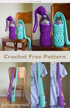 crocheted water bottle sling pattern with instructions to make it in the same color