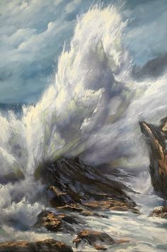 an oil painting of waves crashing over rocks