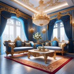 a fancy living room with blue walls and gold trimmings, chandelier and couches