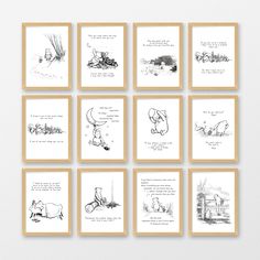 twelve winnie the pooh prints are arranged on a white wall with wooden frames and wood trimmings