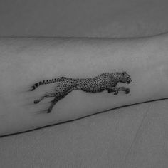 a black and white photo of a cheetah on the arm