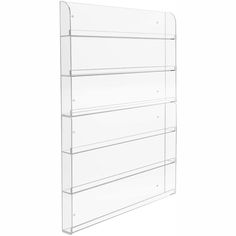 a white wall mounted shelf with three shelves on one side and four shelves on the other