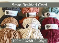 five skeins of yarn in various colors and sizes with the text 5mm braided cord