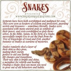 An orange and brown boa constrictor snake is in the bottom right of the image. Its body is formed into a tight S-shape with its head slightly raised. The text outlines some trivia about snakes, their symbolism, and ways you can use their energy in your magickal practice. Presented by Inked Goddess Creations. Leg Bones