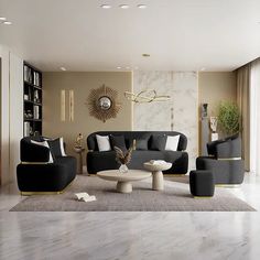 a modern living room with black and white furniture in the center, gold accents on the walls