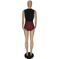 Sexy Sleeveless Hollow Out Vest Top Plaid Shorts Two Piece Set Casual Sleeveless Crop Top With Built-in Shorts, Plaid Vest And Skirt Set, Red Sleeveless Two-piece Set, Plaid Cotton Sleeveless Tank Top, Plaid Shorts, Two Piece Sets, Vest Top, Two Piece, Plaid