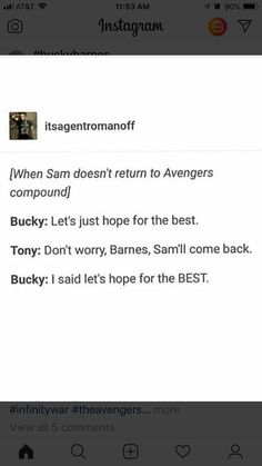 an iphone screen with the text'when sam doesn'return to avengers compound '