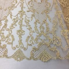 Gold Damask Design Embroidered on Mesh Lace Fabric Floral | Etsy Fitted Gold Embroidered Fabric For Ceremony, Gold Machine Embroidered Fabric For Wedding, Mermaid Sequin Fabric, Damask Design, White Lace Fabric, Beaded Lace Fabric, Etsy Wedding Dress, Lace Kimono, Boho Lace