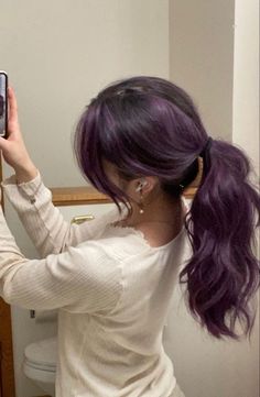 Purple Hidden Hair Color, Dyed Hair Ponytail, Dark Purple Peekaboo Hair, Bee Konigswasser, Brownish Purple Hair, Dyed Hair For Brunettes, Purple And Brown Hair, Brown Purple Hair, Faded Purple Hair