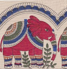 an elephant is painted on the side of a piece of cloth with leaves around it