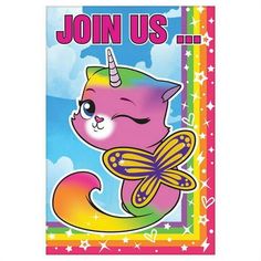 an image of a unicorn cat with a rainbow mane on it's tail and the words join us