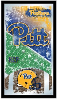 a football helmet on top of a field with the word pitts in blue and yellow