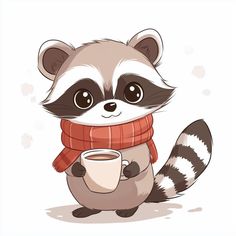 a raccoon is holding a cup of coffee and wearing a red scarf on its neck