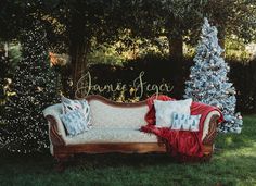 a couch sitting on top of a lush green field next to a blue christmas tree