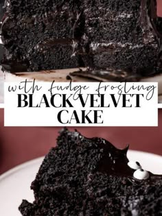 a slice of black velvet cake with fudge frosting on the top and bottom