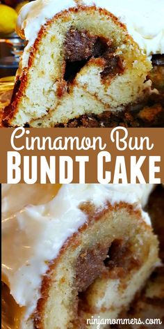 cinnamon bundt cake with white frosting on top is cut in half to show the inside