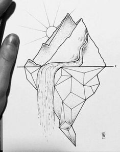 a hand holding a pencil drawing of an iceberg with water coming out of it