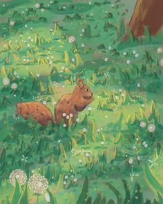 a painting of two animals in a field with dandelions and mushrooms on the ground