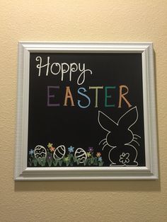 a chalkboard with the words happy easter written on it and an image of a bunny