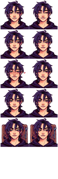 an anime character's face is shown with different facial expressions and hair color options