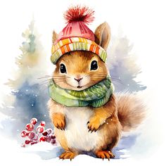 a watercolor painting of a squirrel wearing a hat and scarf