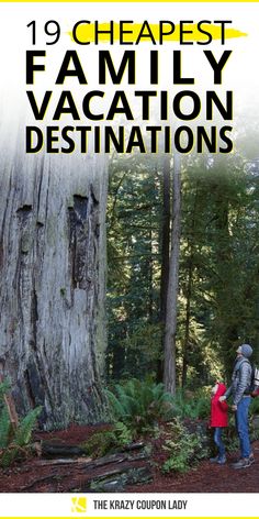 two people standing in front of a tree with the words cheapest family vacation destinations