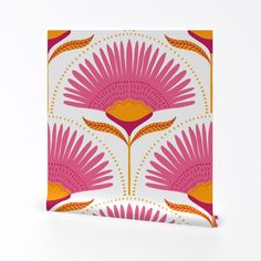 a pink and yellow floral pattern on a white background with orange accents is featured in this card