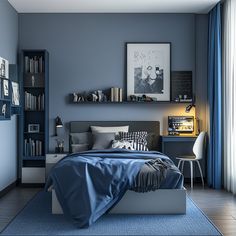 a bedroom with blue walls and carpeted flooring has a bed, desk, bookshelf and chair