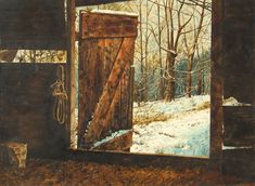 a painting of an open door in the woods