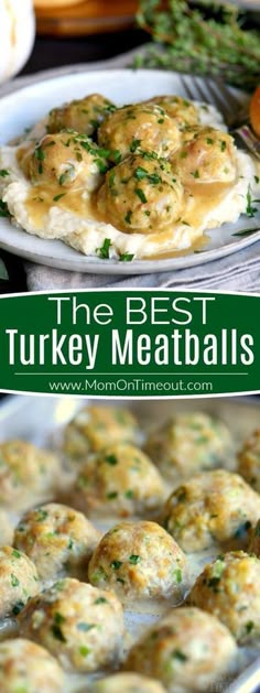 the best turkey meatballs are served on top of mashed potatoes and garnished with parsley