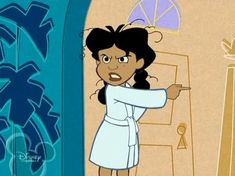 an animated image of a woman in a bathrobe pointing at something on the wall