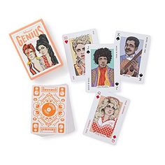 the genius playing cards are on display in front of an orange card case and white background