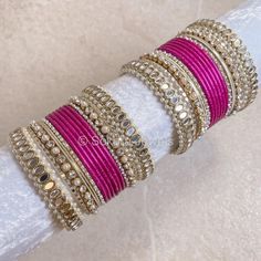 A set of two medium Sized Mirror & Pearl detailed bangle stacks with purple toned pink- magenta shades. Ready to ship. Sold as a set for both arms only. Outfits Woman, The Bangles, Designer Outfits, Stacked Bangles, Bangle Set, Designer Outfits Woman, Favorite Jewelry, Violet, Etsy Accessories