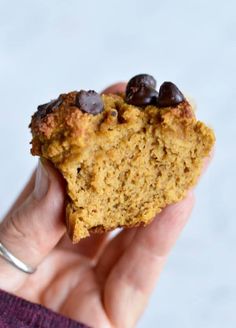 a hand holding a piece of food in it's left hand with chocolate chips on top