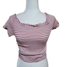 Active Usa Dusty Rose Pink And Creme/White Stripe Crop Top Short Sleeve, Can Be Worn On Or Off Shoulder Rayon Knit With Spandex For Stretch New Without Tags, No Signs Of Wear Approximate Measurements Laid Flat Without Stretching: 14" Pit To Pit, But Has Tons Of Stretch And Is Meant To Hug Your Curves! 16" Total Length Features: Spring, Summer Stripe Made In Vietnam Machine Washable Size: Womens L Condition: Pre-Owned Like New Feminine Striped Summer Tops, Feminine Striped Tops For Summer, Feminine Pink Crop Top, Fitted Pink Summer Top, Striped Fitted Cute Top, Pink Stretch Tops For Day Out, Pink Stretch Top For Day Out, Stretch Pink Tops For Day Out, Blue Tube Top