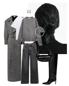 Gray Crewneck Sweater Outfit, Grey Crewneck Outfit, Boxy Tshirt, Crew Neck Sweater Outfit, White Tshirt Outfit, Crewneck Outfit, Long Grey Coat, Leather Boots Black, Jeans Long