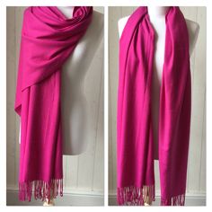 "A gorgeous quality Cerise Pink Shawl/Pashmina Super Soft material with fringe Wear it wrapped, or! Fashionably Long for a different look Also, looks great worn as a Shawl/Wrap - drapes beautifully Mediumweight - Perfect for all Seasons. DIMENSIONS > Length 72\"/183cms + 3\"/7.5cms fringe > Width 26\"/65cms Generous sizing MATERIAL 20% Wool  80% Viscose Lovely soft feel to the skin. CARE INSTRUCTIONS > Gentle Wash - Short Spin - Do Not Tumbledry GIFT \"SPECIAL REQUEST\" If you're sending as a Gi Wedding Pashmina, Pink Wrap, Cerise Pink, Scarf Material, Wedding Wraps, Wool Shawl, Pink Wedding