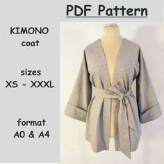 "PDF Digital Sewing Pattern  Purchase Includes: - pattern sizes XS-XXXL - print format A0 and A4 - template gluing scheme in A4 format - diagram of the arrangement of the template  on the fabric  7 Sizes Included: (XS - XXL) EU 34 - 46 *All dimensions are in centimeters ! This pattern is for personal use only. Not to be used for commercial purposes. Thank you for respecting the rights of the designer. Detailed instructions are not included. If you have any questions, please feel free to reach out to me over Etsy and I will be sure to clear up your confusion. Required materials: - 87\" (2.20 m) of at least 56\" (1.45 m) Wide Fabric Suggested Fabric: You can use many types of fabrics, linen, cotton, silk, chiffon, viscose, coat fabrics, thick and thin fabrics...what you want :) Printing: The Patron Kimono, Kimono Jacket Pattern, Kimono Sewing, Kimono Sewing Pattern, Womens Blouse Pattern, Womens Oversized Sweatshirts, Pattern Coat, Kimono Style Dress, Women's Sewing Pattern