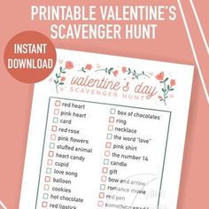 the printable valentine's scavenger hunt is shown on a pink background