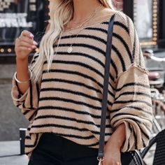 Medium Black & Taupe Striped Knit Sweater. New With Tags Still Attached Striped Top Outfit, Striped Knit Sweater, Dress Purse, Slouchy Sweater, Romper And Jacket, Leather Lace Up Boots, Sweaters Online, Striped Sweater, Sweater Sleeves