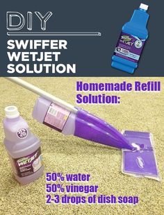 a purple vacuum cleaner with cleaning supplies on the floor and in front of it is an advert for swiffer wetter solution