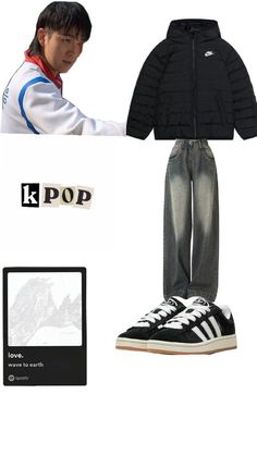 a boy in black jacket, jeans and sneakers with kpop sticker on it