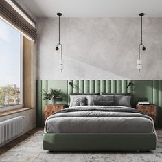 a bedroom with a large bed and green headboard next to a window overlooking the city