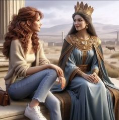 two women sitting next to each other in front of an ancient building and one is wearing a crown