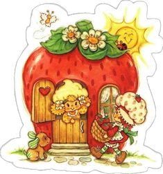 a strawberry house with two children outside