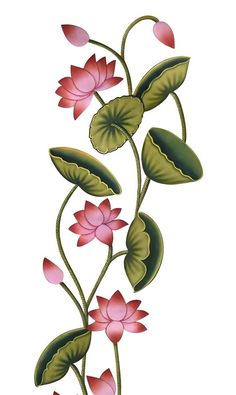 a painting of pink flowers and leaves on a white background with the words lotus written below it